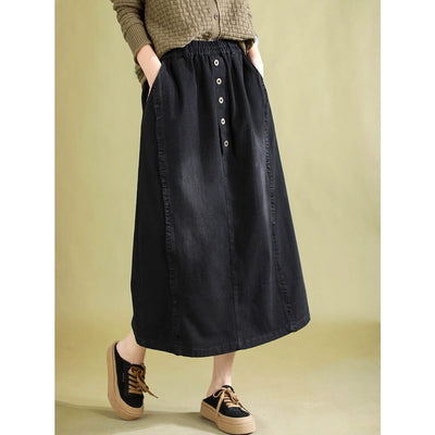 Autumn Retro Patchwork A-Line Cotton Denim Skirt Sep 2023 New Arrival Black M 