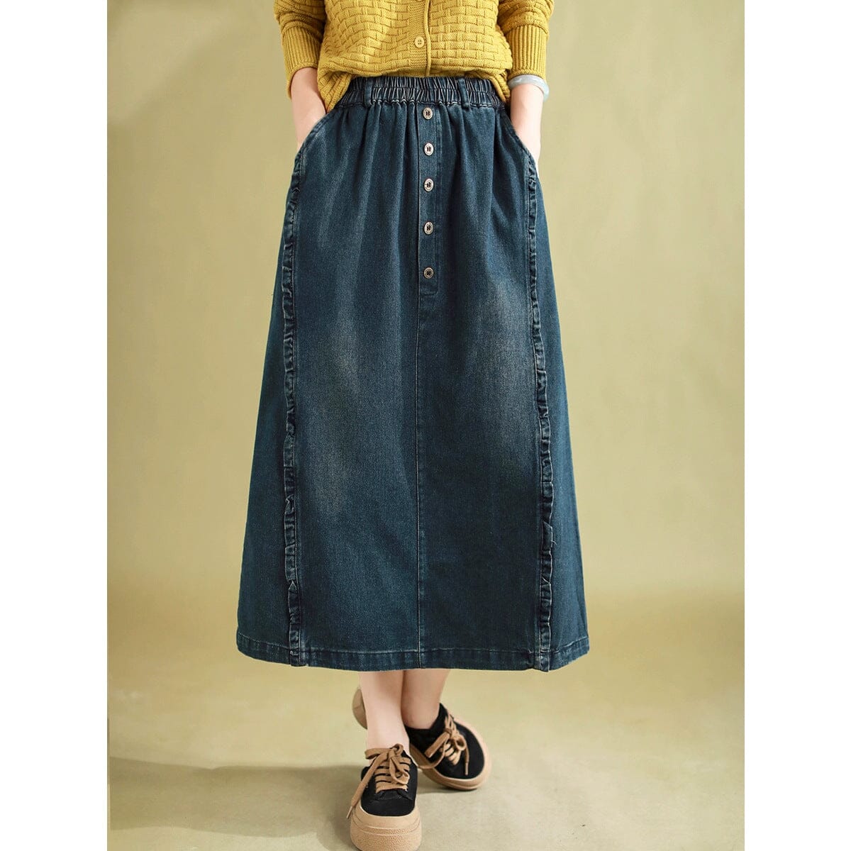 Autumn Retro Patchwork A-Line Cotton Denim Skirt Sep 2023 New Arrival Blue M 