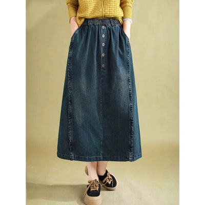 Autumn Retro Patchwork A-Line Cotton Denim Skirt