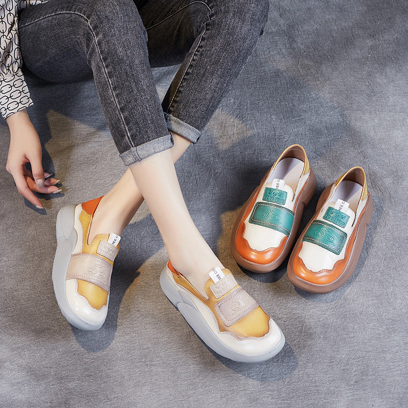 Autumn Retro Patchwork Color Matching Leather Loafers
