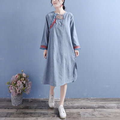 Autumn Retro Patchwork Cotton Linen Dress Sep 2022 New Arrival One Size Blue 