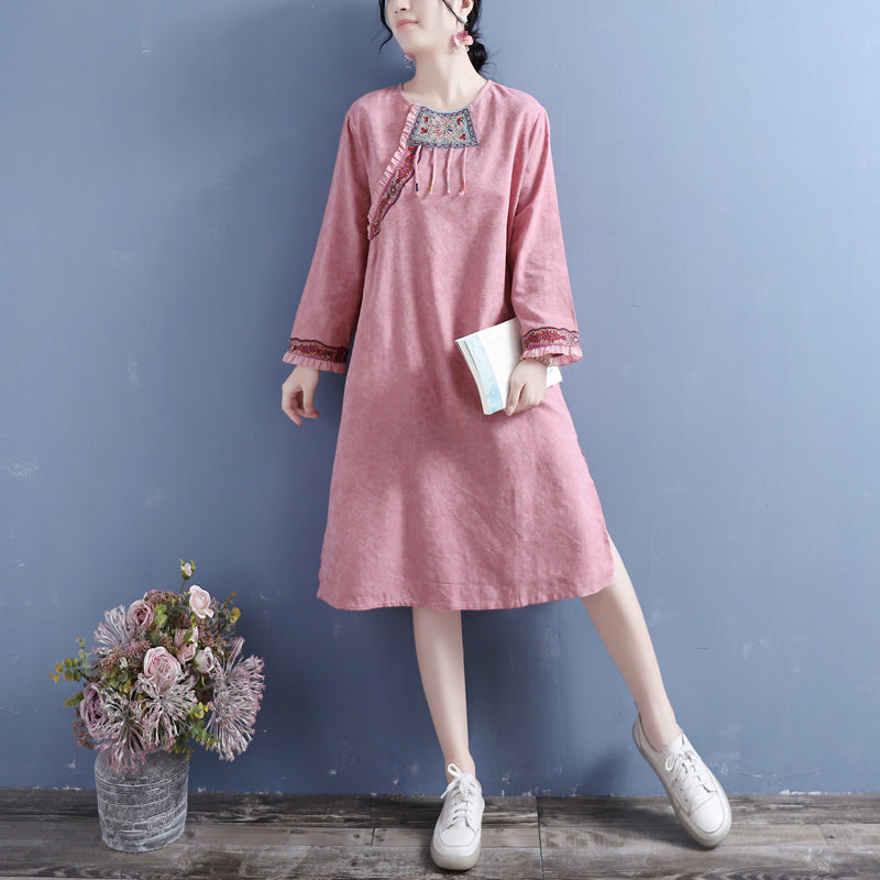 Autumn Retro Patchwork Cotton Linen Dress Sep 2022 New Arrival One Size Pink 