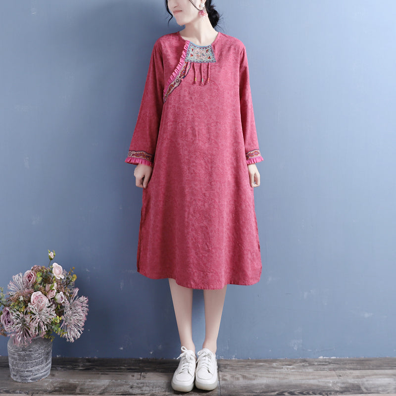 Autumn Retro Patchwork Cotton Linen Dress Sep 2022 New Arrival One Size Red 