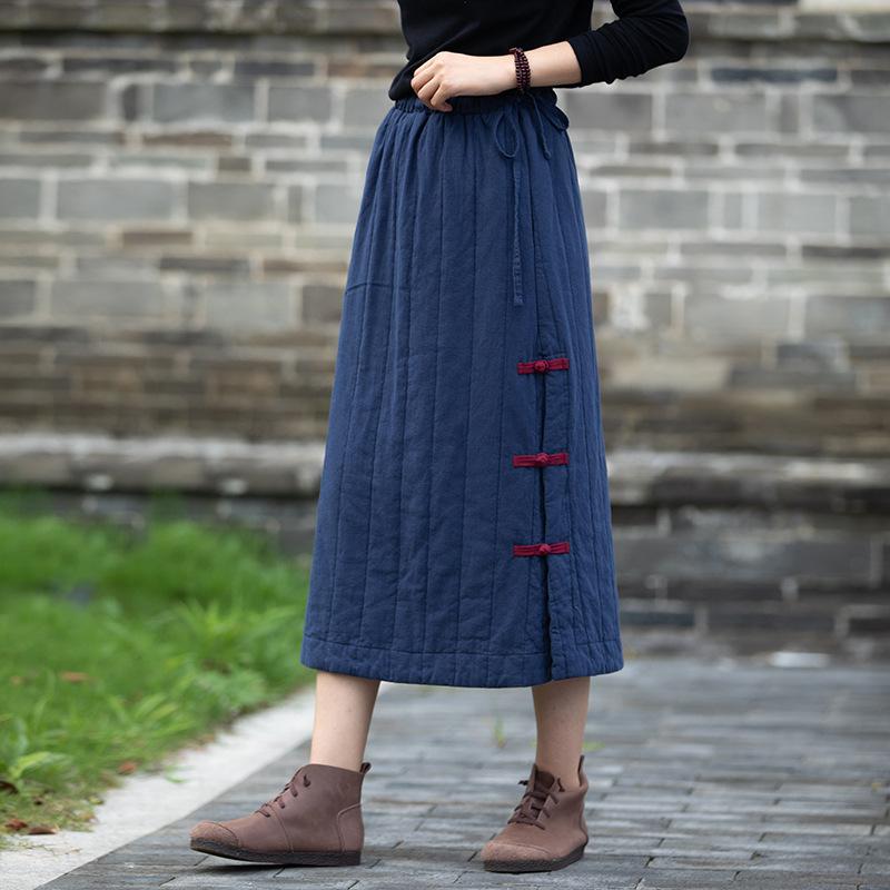 Autumn Retro Patchwork Cotton Quilted Skirt September 2021 new-arrival Navy 