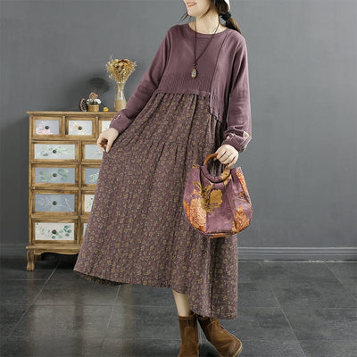 Autumn Retro Patchwork Floral Cotton Linen Dress Aug 2023 New Arrival Purple One Size 