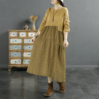 Autumn Retro Patchwork Floral Cotton Linen Dress Aug 2023 New Arrival Yellow One Size 