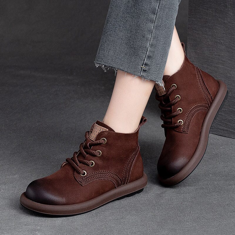 Autumn Retro Patchwork Leather Flat Ankle Boots