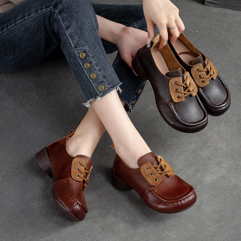 Autumn Retro Patchwork Leather Low Heel Casual Shoes