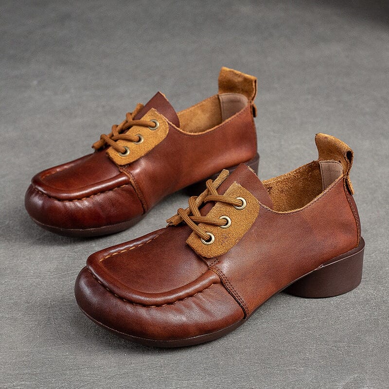 Autumn Retro Patchwork Leather Low Heel Casual Shoes Jul 2023 New Arrival Brown 35 