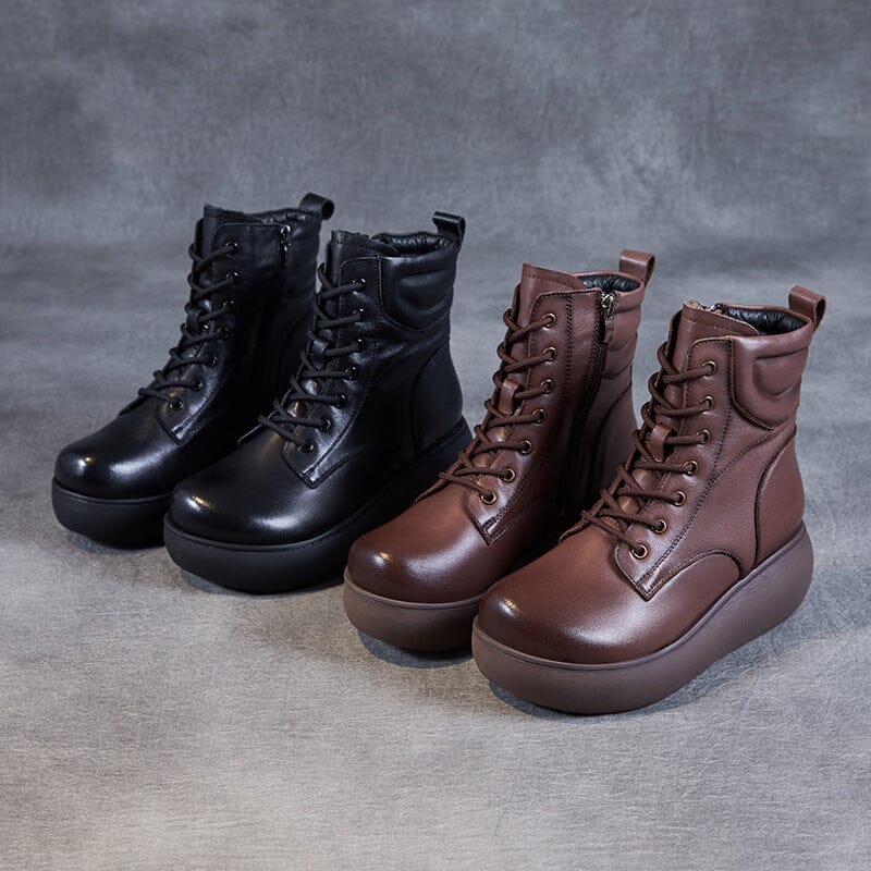 Autumn Retro Patchwork Leather Platform Boots