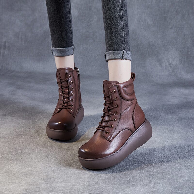 Autumn Retro Patchwork Leather Platform Boots