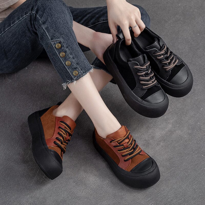 Autumn Retro Patchwork Leather Thick Soled Casual Shoes