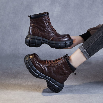 Autumn Retro Pleated Leather Platform Boots