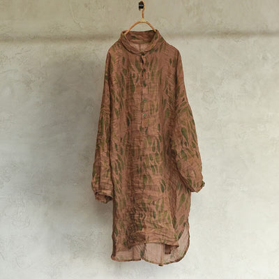 Autumn Retro Print Linen Casual Dress Aug 2023 New Arrival 