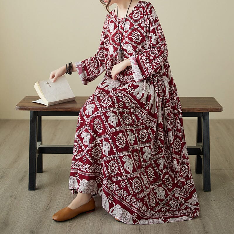 Autumn Retro Print Long Sleeve Loose Dress Aug 2023 New Arrival One Size Red 