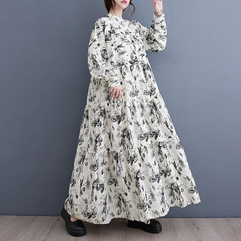 Autumn Retro Print Loose Casual Dress Aug 2023 New Arrival One Size Black 