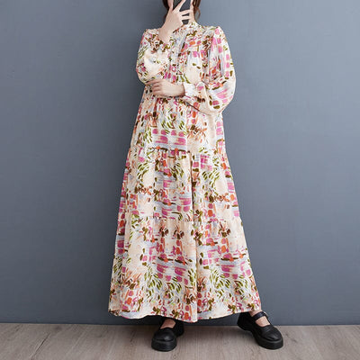 Autumn Retro Print Loose Casual Dress Aug 2023 New Arrival One Size Pink 