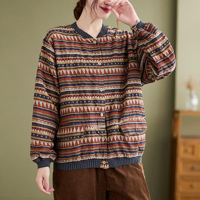Autumn Retro Printed Cotton Linen Knitted Coat September 2021 new-arrival M Coffee 