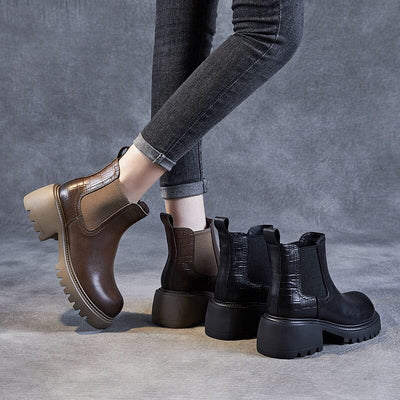 Autumn Retro Slip-on Leather Wedge Boots