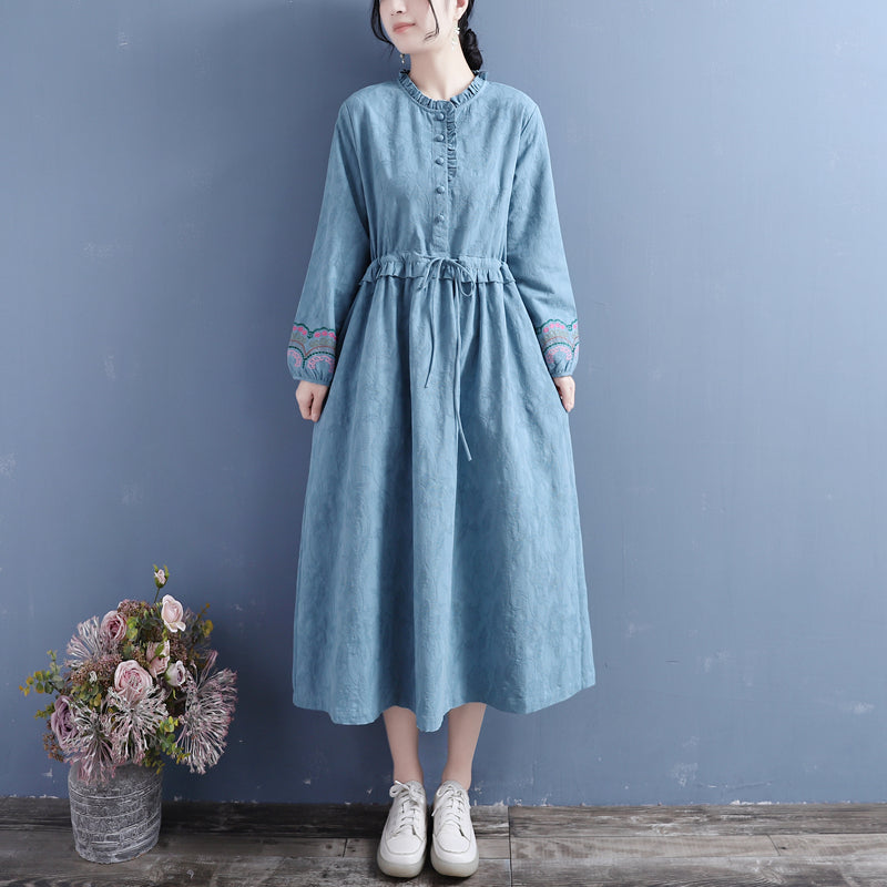 Autumn Retro Solid Embroidery Cotton Linen Dress – Babakud