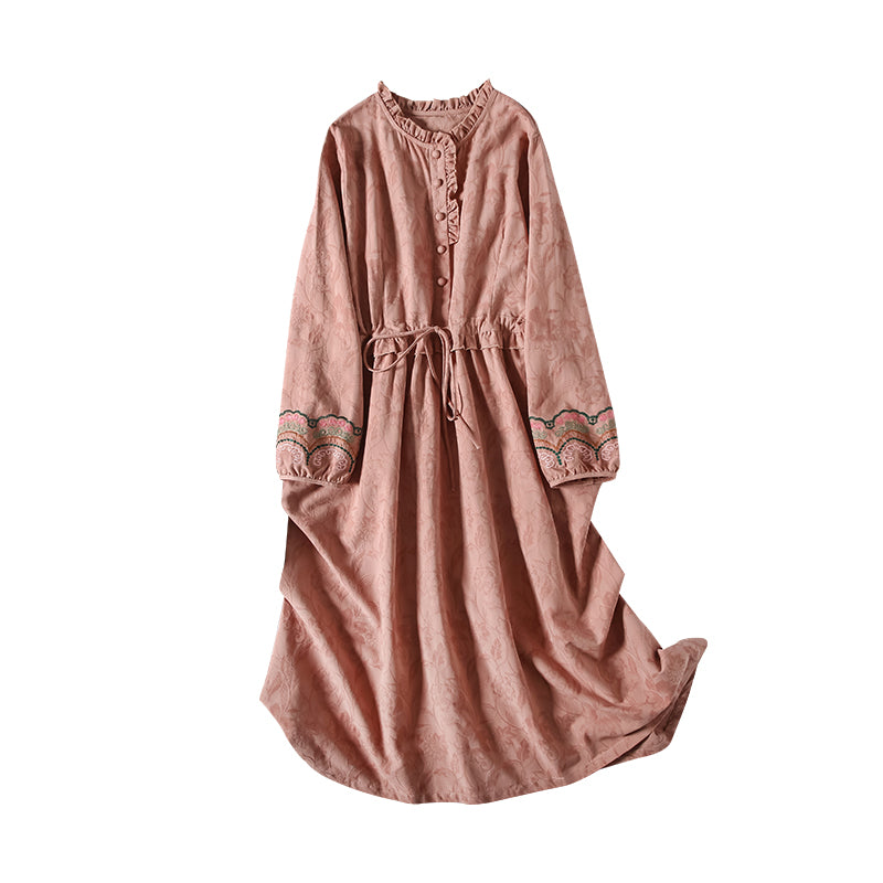 Autumn Retro Solid Embroidery Cotton Linen Dress