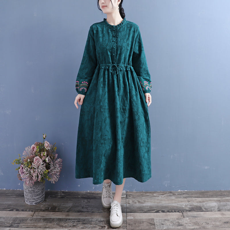 Autumn Retro Solid Embroidery Cotton Linen Dress
