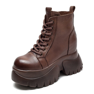 Autumn Retro Solid Leather Chunky Platform Boots