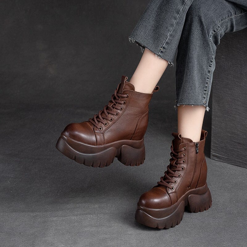 Autumn Retro Solid Leather Chunky Platform Boots