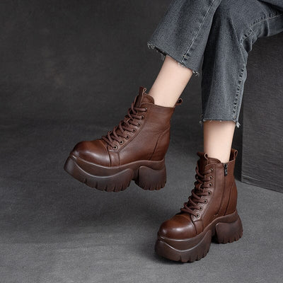 Autumn Retro Solid Leather Chunky Platform Boots Aug 2023 New Arrival 