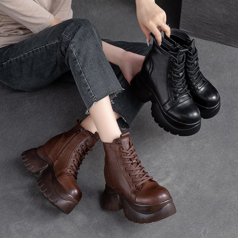 Autumn Retro Solid Leather Chunky Platform Boots Aug 2023 New Arrival 