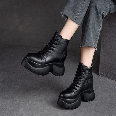 Autumn Retro Solid Leather Chunky Platform Boots