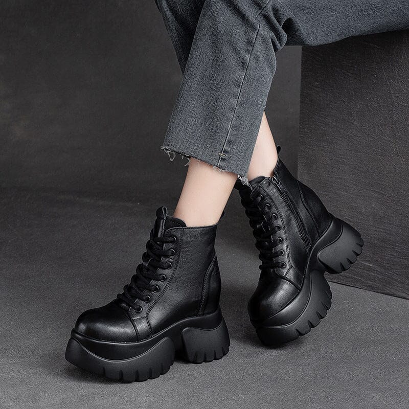 Autumn Retro Solid Leather Chunky Platform Boots