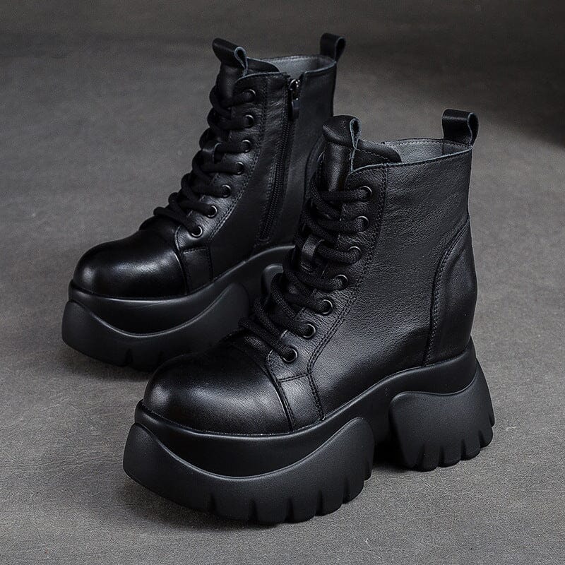 Autumn Retro Solid Leather Chunky Platform Boots Aug 2023 New Arrival Black 34 