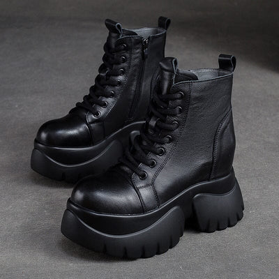 Autumn Retro Solid Leather Chunky Platform Boots