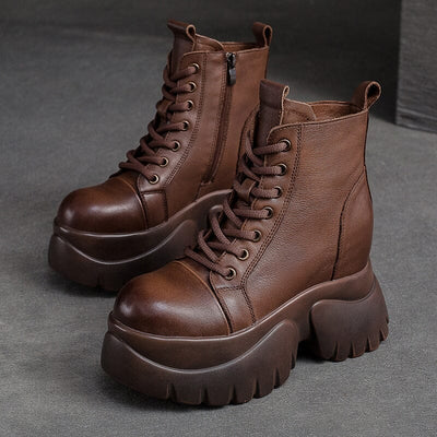 Autumn Retro Solid Leather Chunky Platform Boots Aug 2023 New Arrival Brown 34 