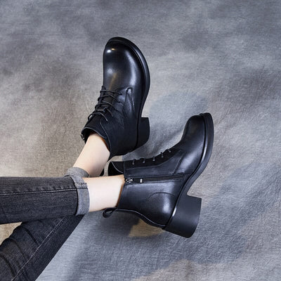 Autumn Retro Solid Leather Heel Ankle Boots