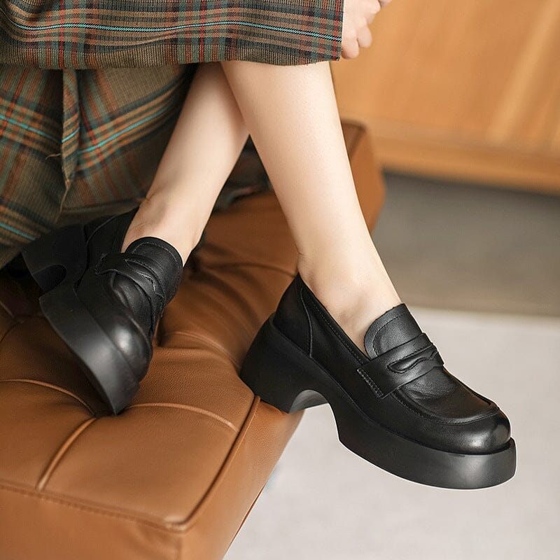 Autumn Retro Solid Leather Wedge Platform Loafers