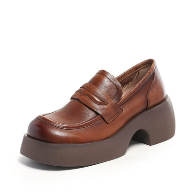 Autumn Retro Solid Leather Wedge Platform Loafers