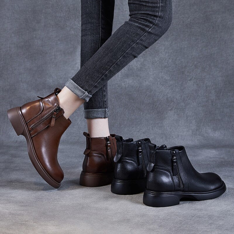 Autumn Retro Solid Leather Zipper Ankle Boots