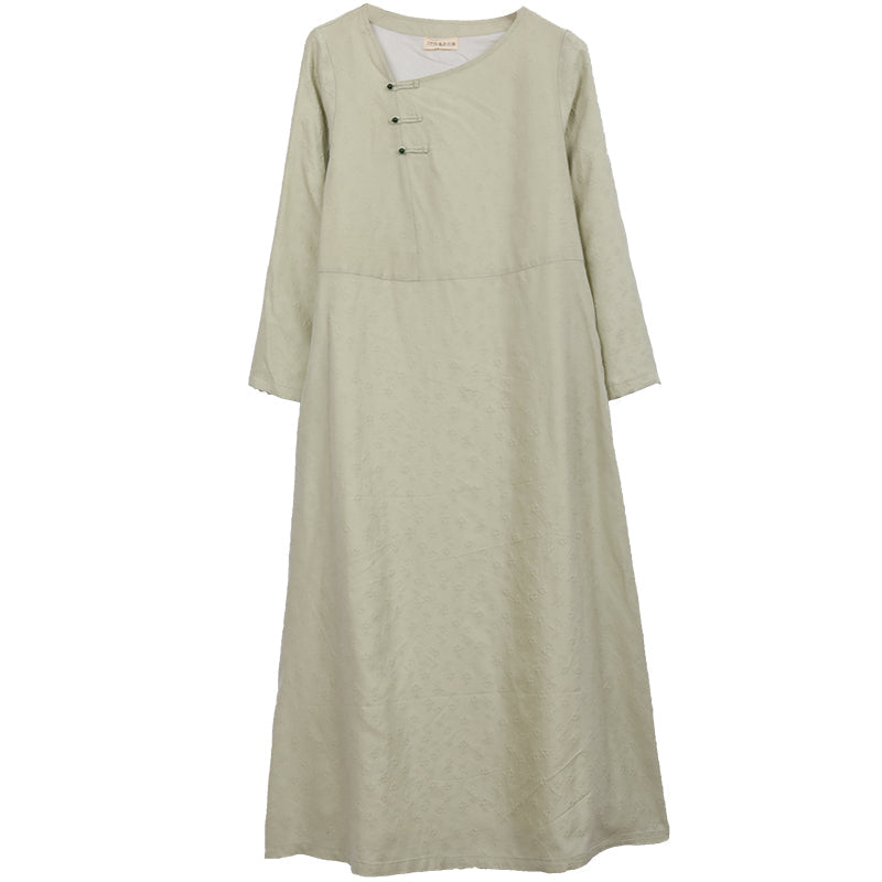 Autumn Retro Solid Long Sleeve Figured Linen Dress