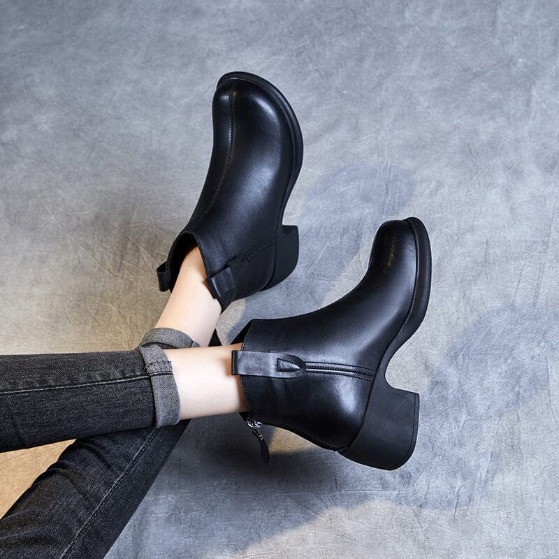Autumn Retro Solid Minimalist Leather Heel Boots