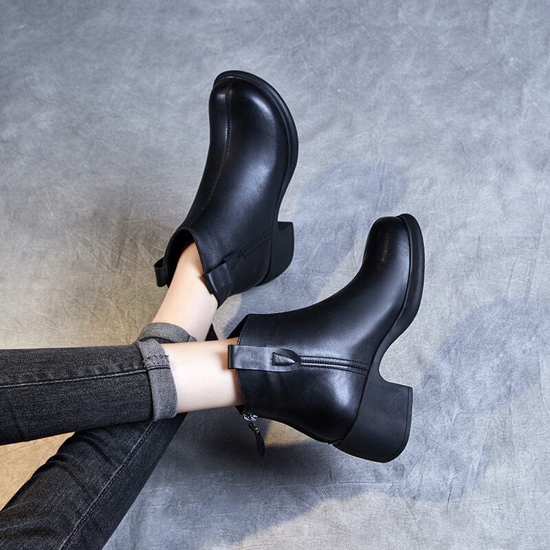 Autumn Retro Solid Minimalist Leather Heel Boots – Babakud