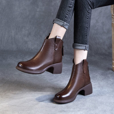 Autumn Retro Solid Minimalist Leather Heel Boots
