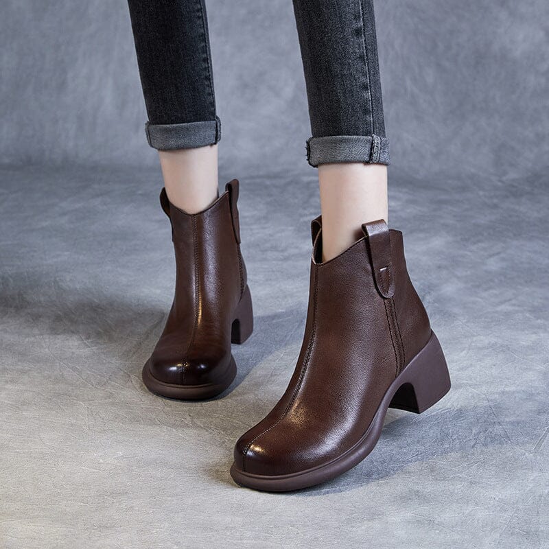 Autumn Retro Solid Minimalist Leather Heel Boots