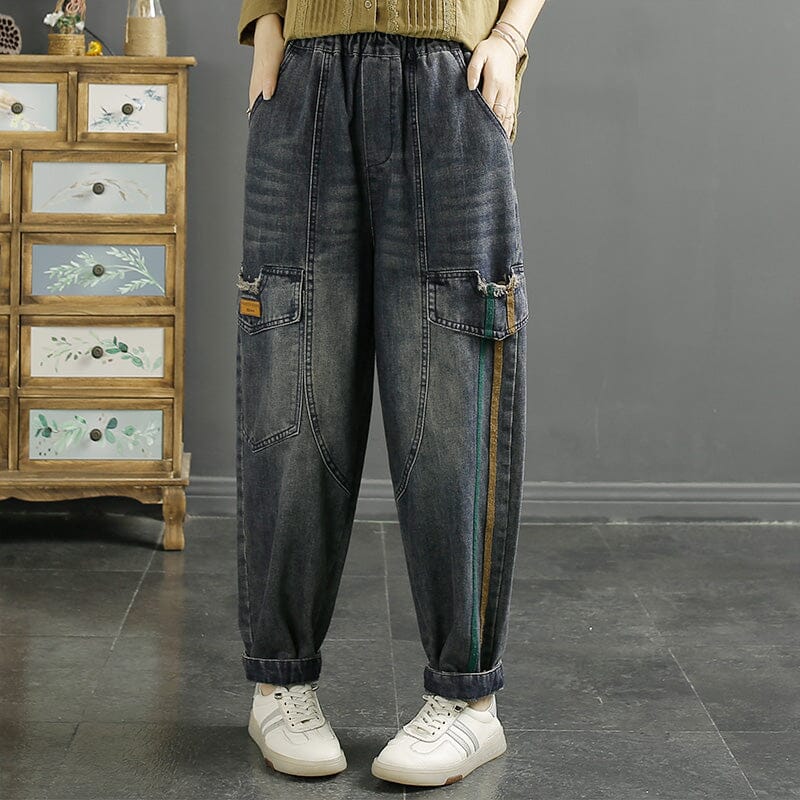 Autumn Retro Stripe Loose Cotton Jeans