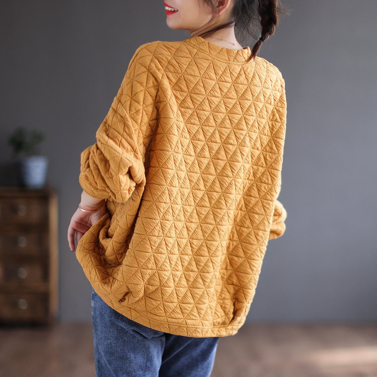 Autumn Retro Triangle Plaid Loose Cotton Sweater September 2021 new-arrival 
