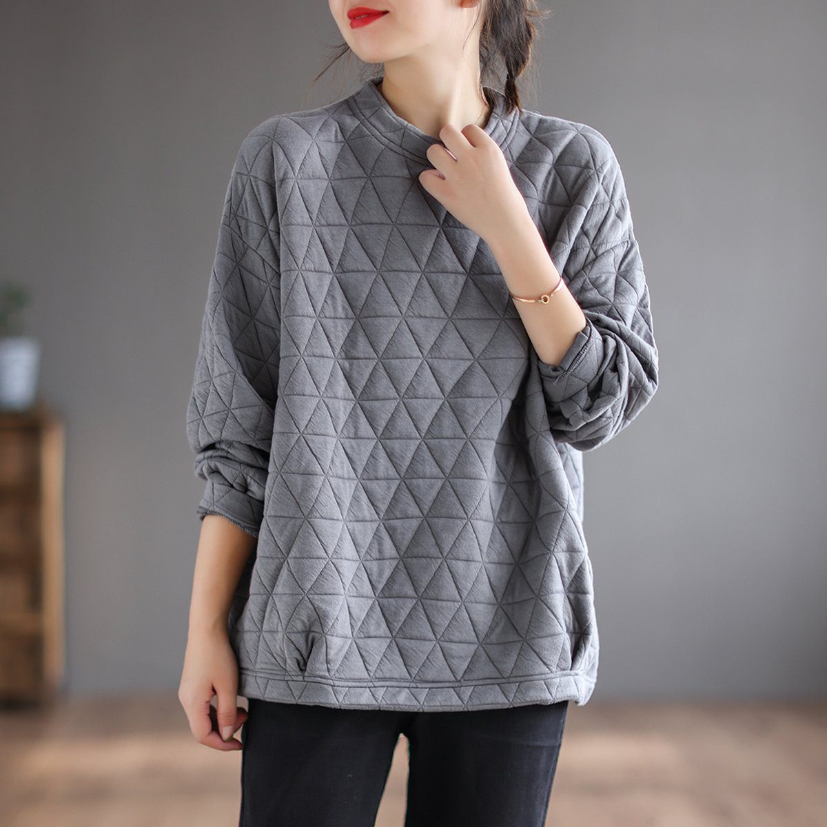 Autumn Retro Triangle Plaid Loose Cotton Sweater September 2021 new-arrival Gray 