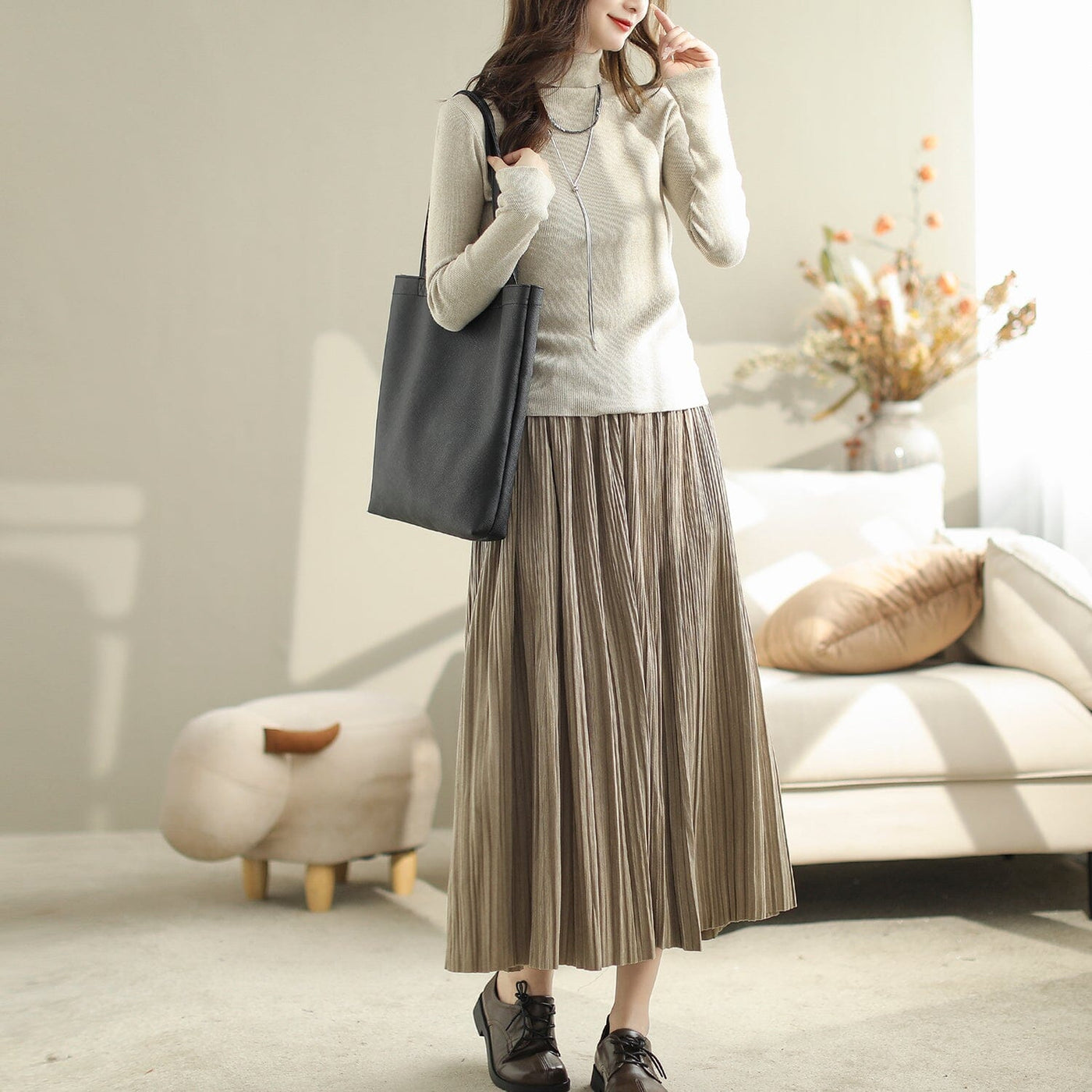 Autumn Solid Casual Pleated A-Line Dress