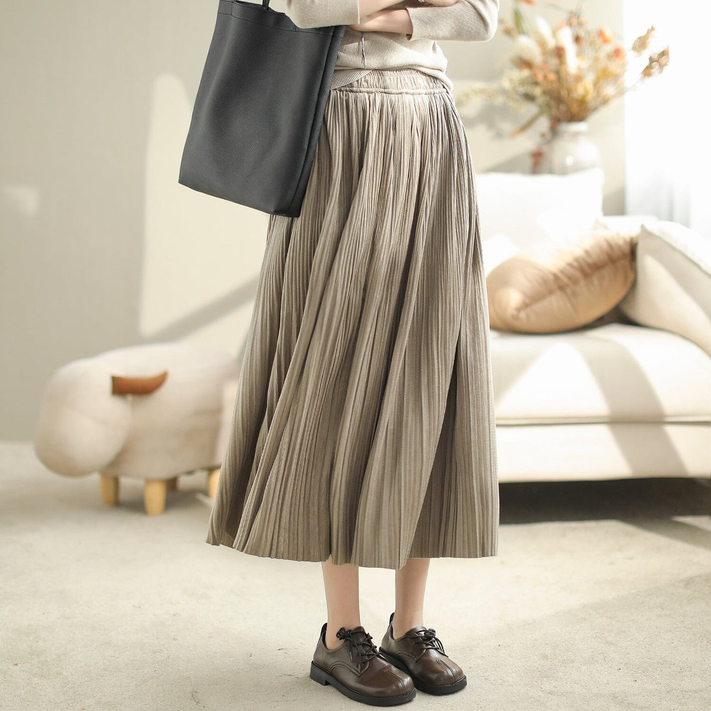 Autumn Solid Casual Pleated A-Line Dress