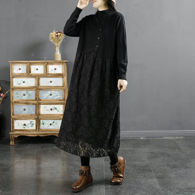 Autumn Solid Floral Hollow Lace Patchwork Dress Oct 2022 New Arrival One Size Black 